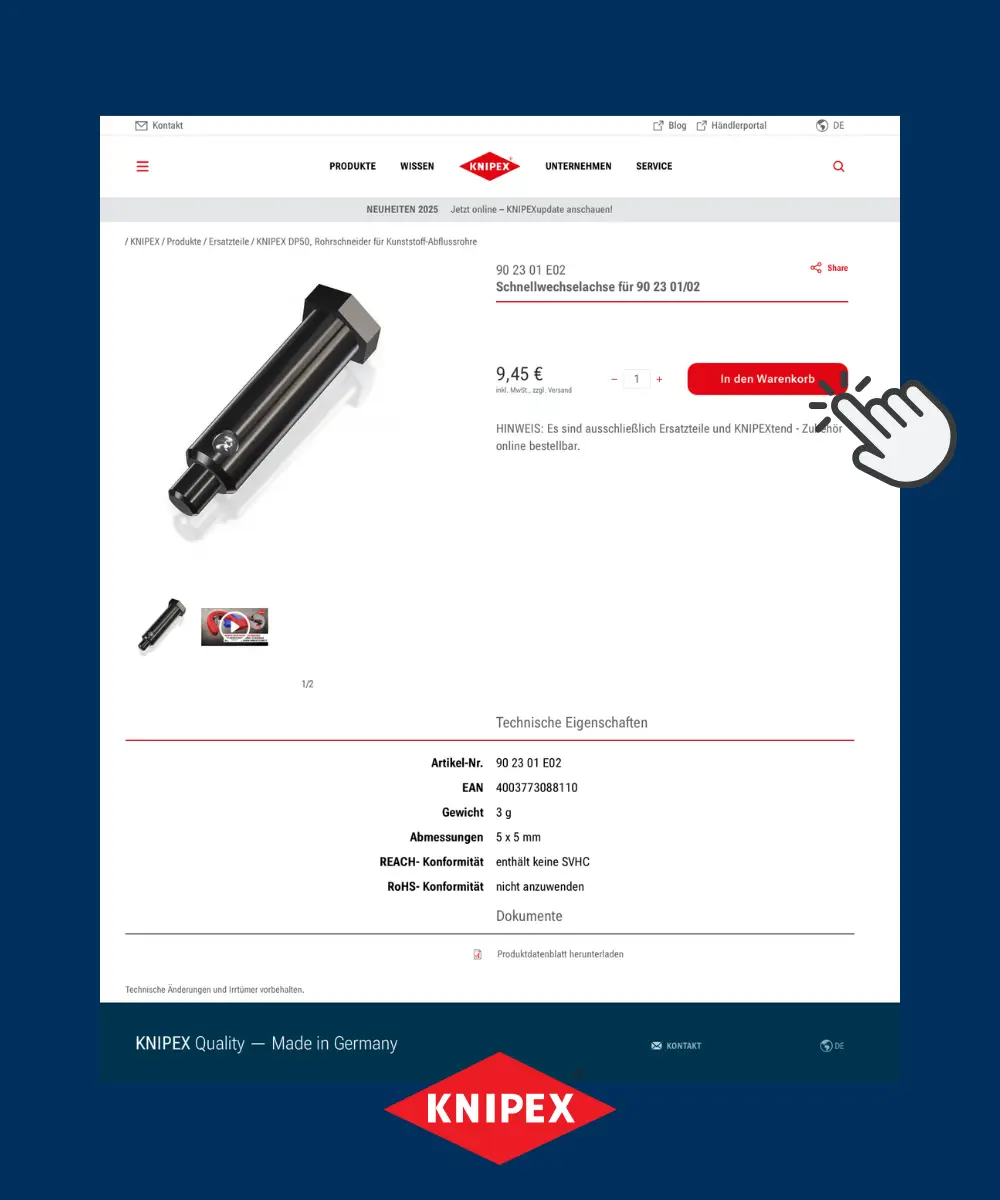 Produktdetailseite im Drupal-Händlerportal mit Headless-Commerce Warenkorb-Funktion über Shopify-Integration
