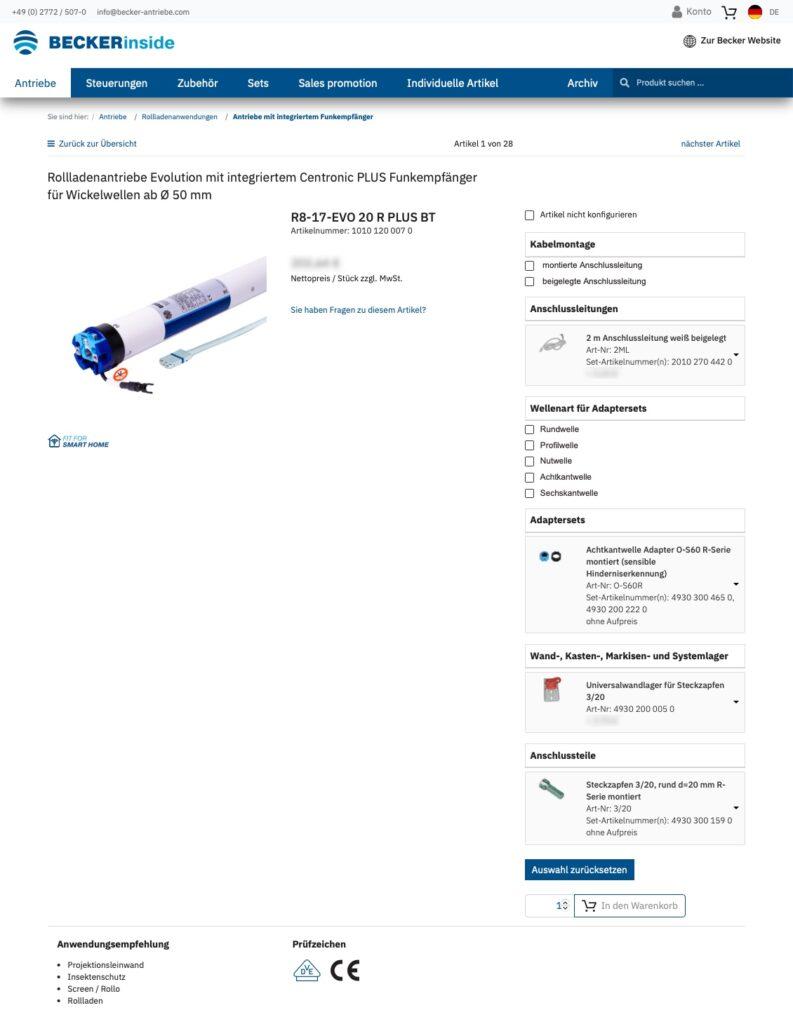 Referenzprojekt: Becker Produktcenter – Digitales Kundenportal mit Bestellfunktion und Self-Service für den Fachhandel Becker Antriebe - Kundenserviceportal Konfigurator