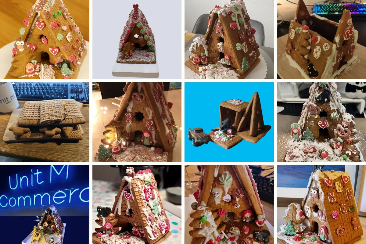 Weihnachtsfeier - Collage mit Pfefferkuchenhäusern der Unit M Mitarbeiter