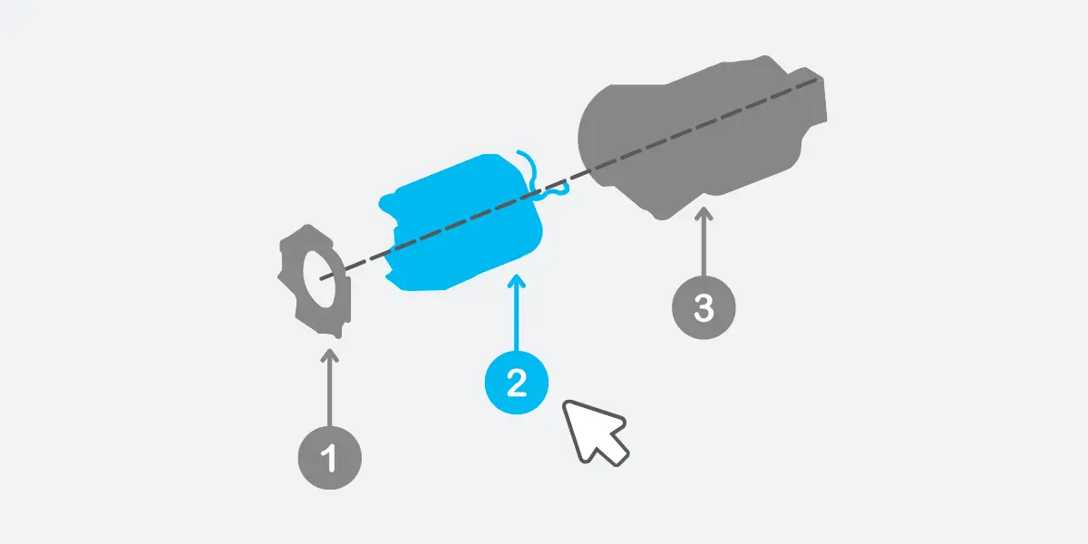 Produktkonfigurator zeigt Explosionszeichnung mit markiertem auswählbarem Element und Cursorsteuerung.