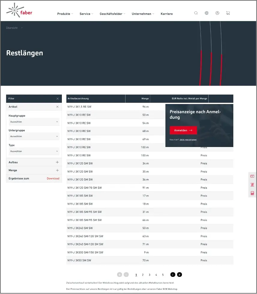 Klaus Faber AG - B2B Onlineshop - Restlaengen