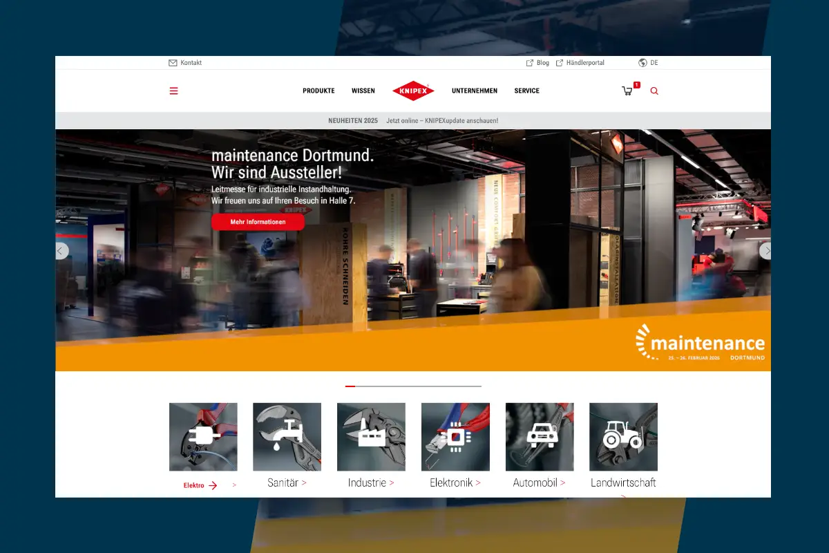 Dashboard des KNIPEX-Händlerportals mit integrierter Headless-Commerce-Lösung und Echtzeit-Produktinformationen