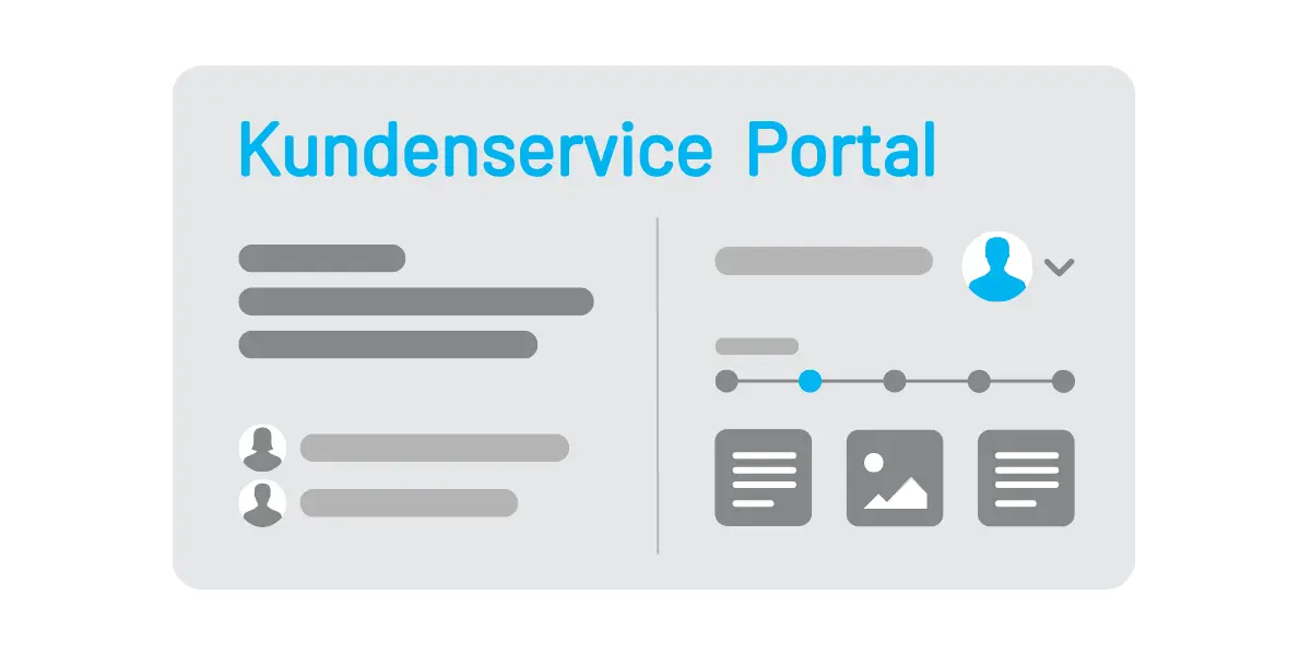 Digitales Serviceportal mit Anzeige von Tickets, Bearbeiterinformationen und Dokumentenübersicht.