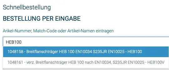Matchcode im Schnellbesteller