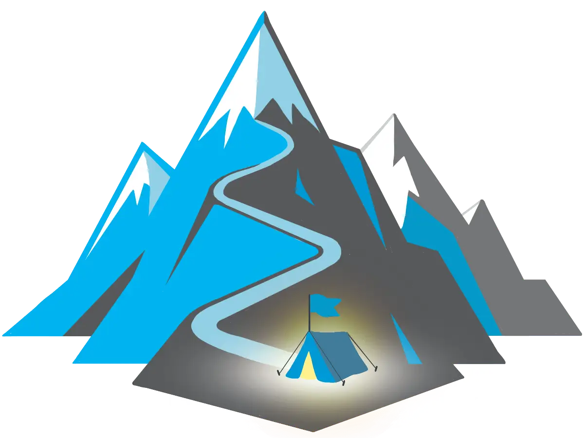 Illustration eines Berg-Basecamps als Symbol für strategische Orientierung und digitale Vertriebsentwicklung mit REVYO BASECAMP.