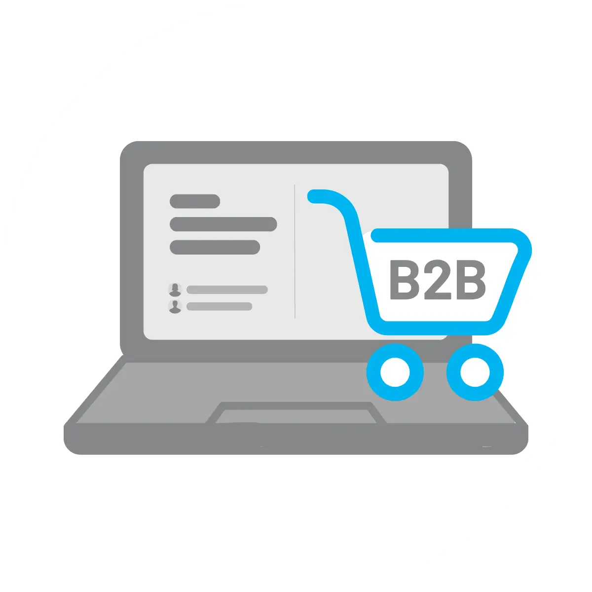 Laptop-Icon mit Warenkorb als Symbol für die Bewertung eines wirtschaftlich sinnvollen B2B-Onlineshops oder Kundenportals.