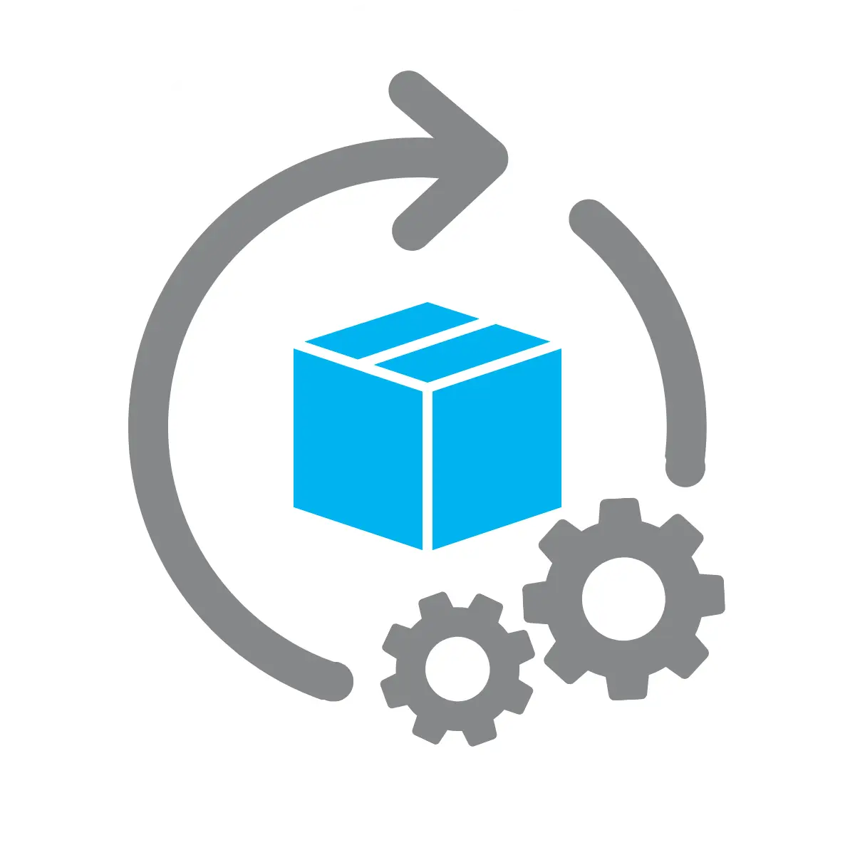 Icon mit Paket, Zahnrädern und Kreislaufpfeil als Symbol für digitalisierbare Sortimente und Prozesse.